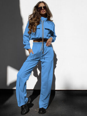 Solid Color Zipper Double Bag Drawstring Long Sleeve Top Casual Trousers Suit for Women