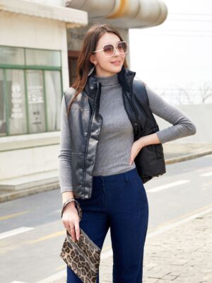 Leather Waistcoat Sleeveless Quilted Zipped Cotton Padded Jacket Stand Collar