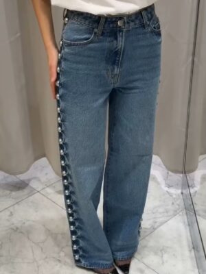 Women Street Design Rivet Denim Straight Leg Pants