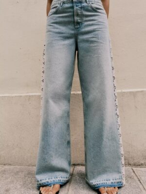 Crochet Stitching High Waist Wide Leg Jeans