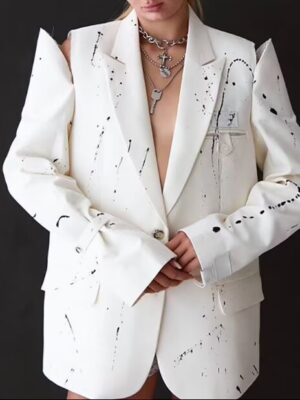 Casual V neck Padded Shoulder Personalized Graffiti Deconstruction Blazer