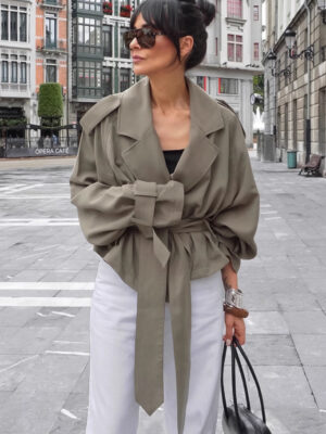 High End French Large Collared Lace up Windbreaker Women Coat