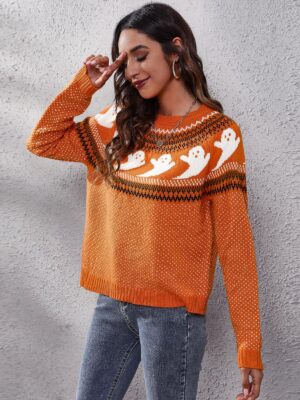 Ghost Skull Jacquard Retro Dots Long-Sleeved Knitted Sweater Loose for Halloween