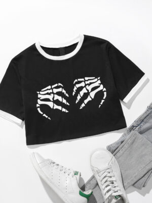 Halloween Women Casual Skull Hand Print Short Sleeve Sexy T shirt