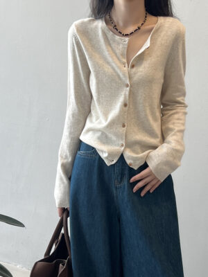 Women's Contrast Stripe Knit Cardigan - Round Neck Spring Sweater Coat