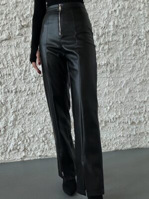 Women's Faux Leather Pants - High-Waisted Wide Leg