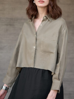 Linen Long Sleeve Short Shirt for Women Office Solid Color Loose Cardigan Top French Shirt