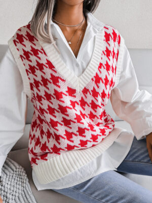 Houndstooth Knit Vest - Casual V-Neck Waistcoat for Women