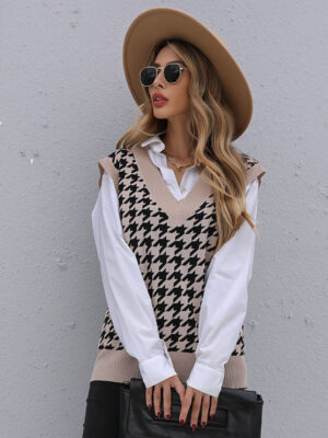 Mid Length Houndstooth Sweater Vest for Women