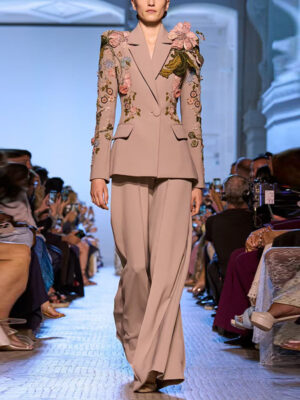 Heavy Industry Beads Three Dimensional Floral Jacket Coat Wide Leg Pants Two Piece Set for Women