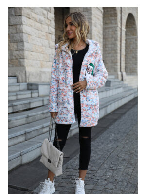 Women Hooded Long Sleeve Loose Snowflake Plush Christmas Casual Jacket