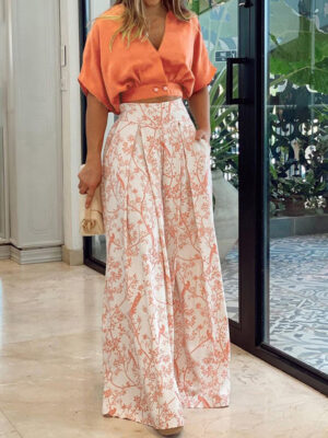 V neck Short Shirt Top Suit Printed Office Wide Leg Pants for Women