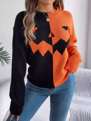 Halloween Ghost Pumpkin Contrast Color Knitted Long Sleeve Pullover Women
