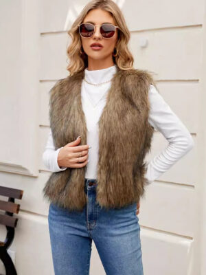 V neck Short Women Faux Fur Coat Vest Top Artificial Fur Vest