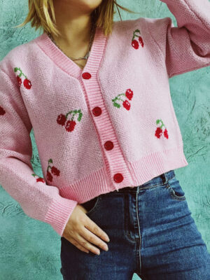 Women's Cherry Print Knit Coat - Single Breasted Short Cardigan