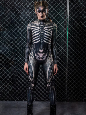 Halloween Body Bone Print Party Cosplay Tight Jumpsuit Women