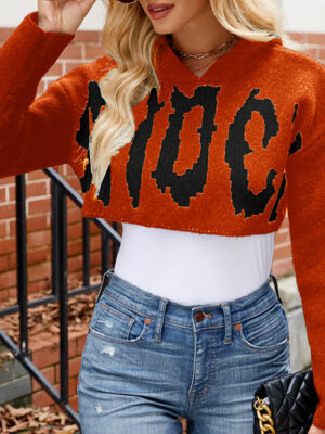 Casual Halloween Sweater Letter Graphic Jacquard Long Sleeved Hoodie Pullover Short Knitted Top