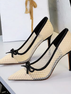 French High Heels Bow Pointed Shallow Mouth Mesh Lace Stiletto Heel Slip on Pumps