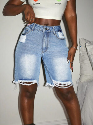 Women Ripped Burrs Breeches Denim Shorts
