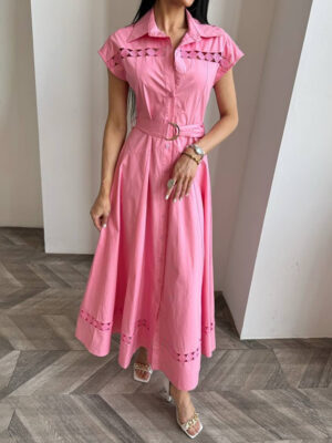 Women's Solid Color Polo Collar Dress with Waist Cut-Out and Belt
