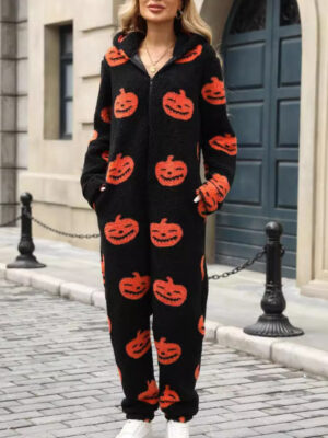 Women Winter Halloween Pumpkin Print Loose Zip Plush Jumpsuit