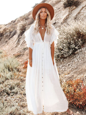 Slubbed Fabric Maxi Dress with Button Front - Beach Cover-Up with Drawstring Waist