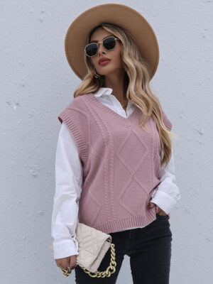 Early Autumn Wear Sleeveless Twist Solid Color Knitted Vest for Women