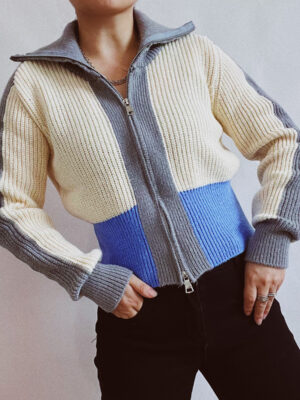 Women's Contrast Panel Turtleneck Cardigan - Office Slim Fit with Double Zipper