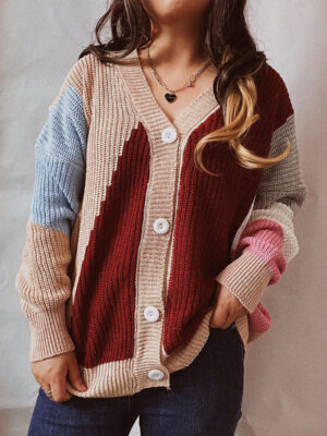 Women's Asymmetric Knit Coat - Contrast Stitch Single Breasted Cardigan