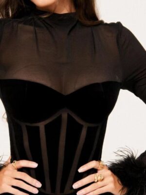 Sexy Mesh Stitching Velvet Solid Color See through Wool Tops Long Sleeve Boning Corset Top for Women