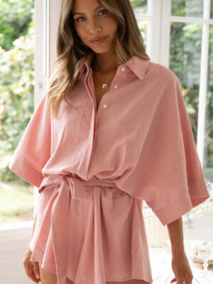 Women's Polo Collar Mid Sleeve Waist Lace up Loose Romper