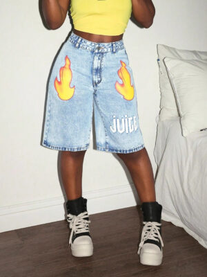 Breeches Flame Printed Letter Graphic  Five Point Denim Shorts