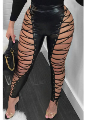 Black Pants Casual Slim Criss Cross Strap Trousers